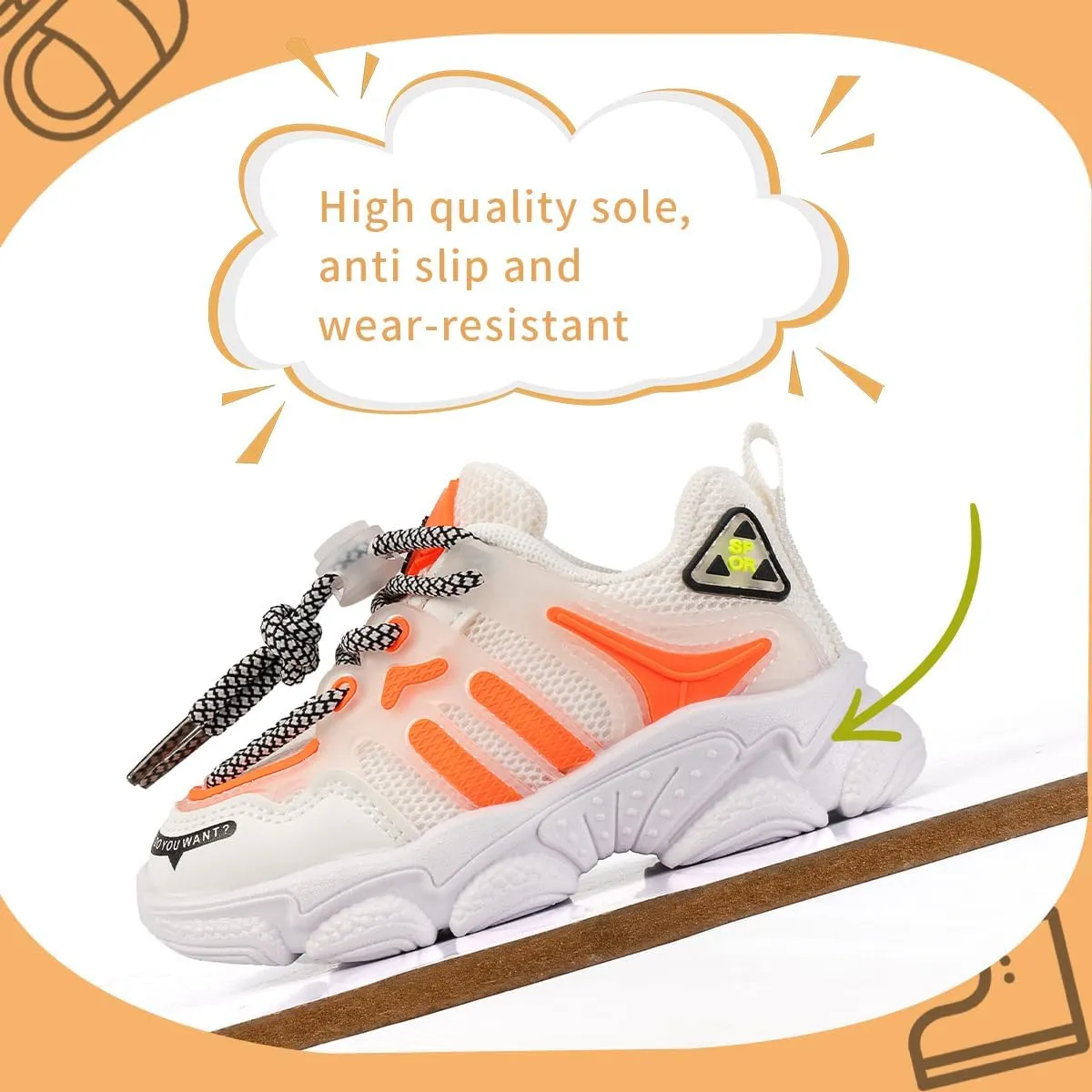 Kids Athletic Sneakers, Chunky Platform Running Shoes, White and Orange, Mesh Design