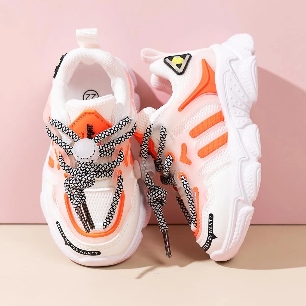 Kids Athletic Sneakers, Chunky Platform Running Shoes, White and Orange, Mesh Design