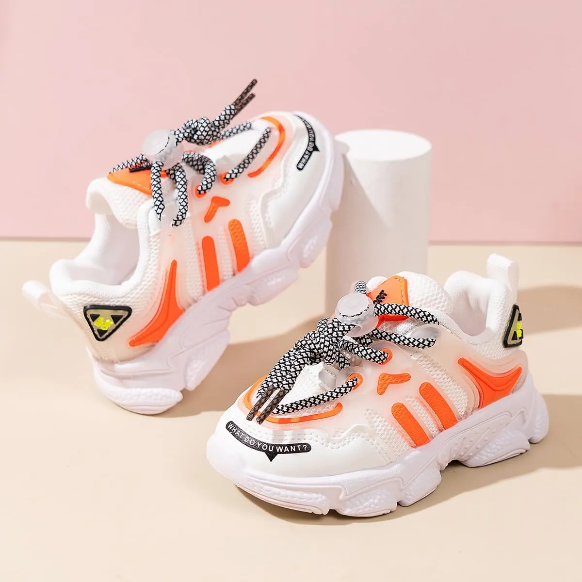 Kids Athletic Sneakers, Chunky Platform Running Shoes, White and Orange, Mesh Design