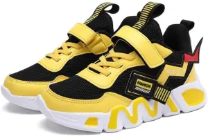 Kids Athletic Sneakers, Mesh Running Shoes, Black and Yellow, Hook and Loop Closure