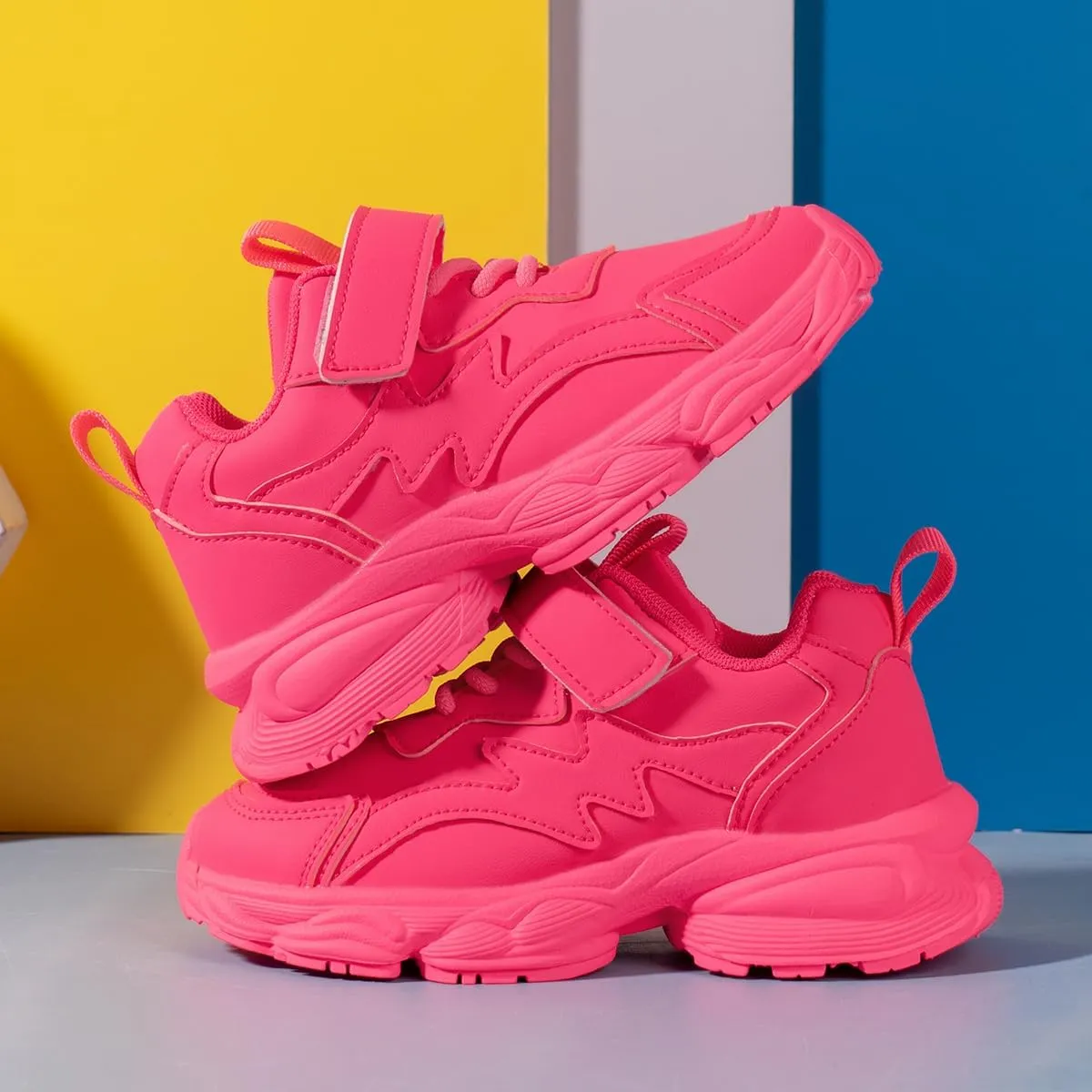 Kids Athletic Sneakers, Pink, Hook and Loop Closure, Lightweight Running Shoes