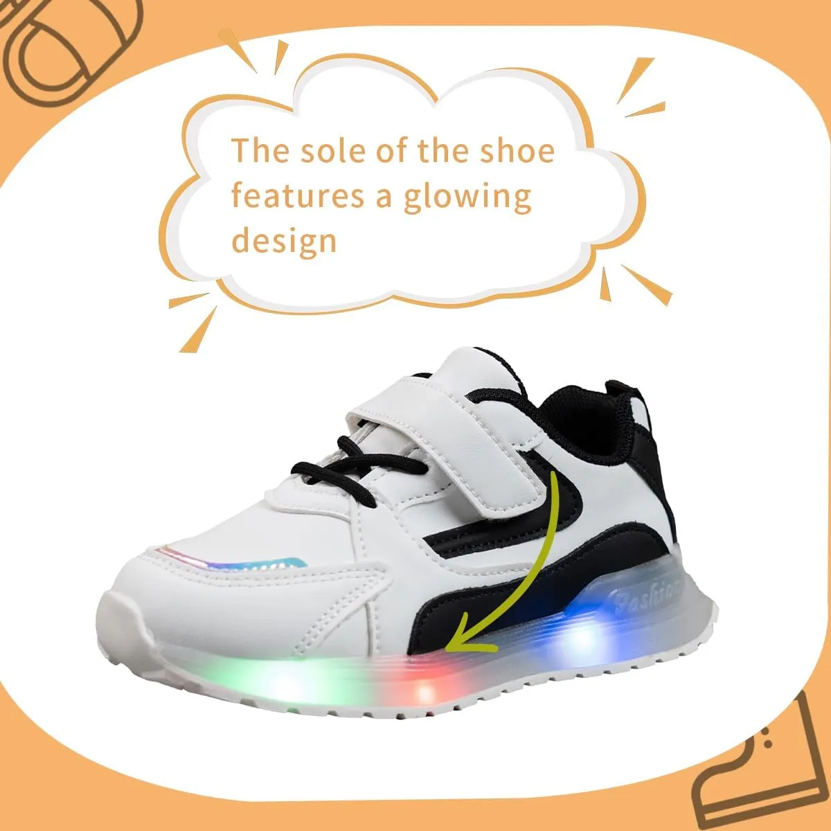 Kids Light Up Sneakers, Athletic Running Shoes with LED Soles, White and Black, Hook and Loop Closure