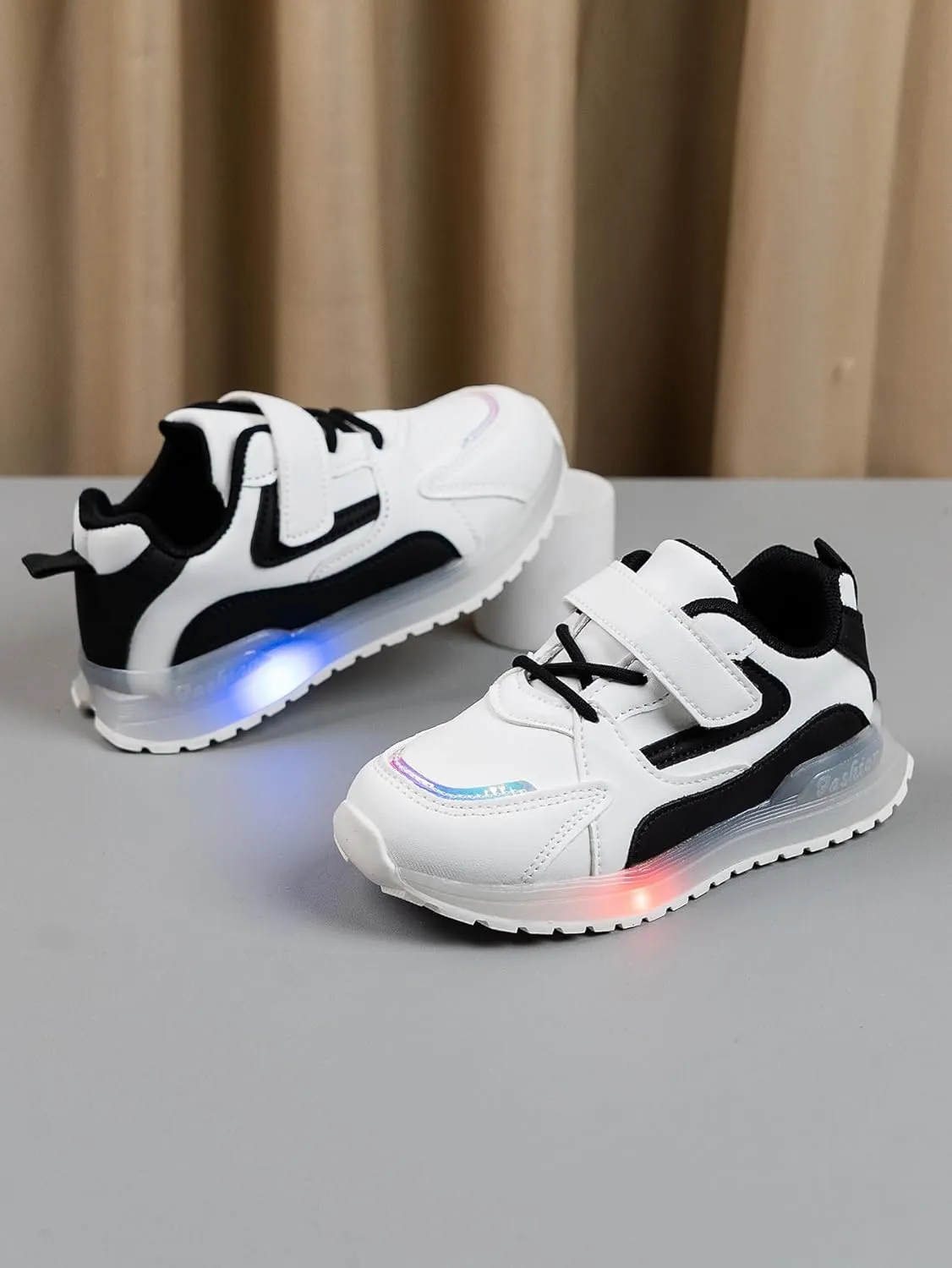 Kids Light Up Sneakers, Athletic Running Shoes with LED Soles, White and Black, Hook and Loop Closure