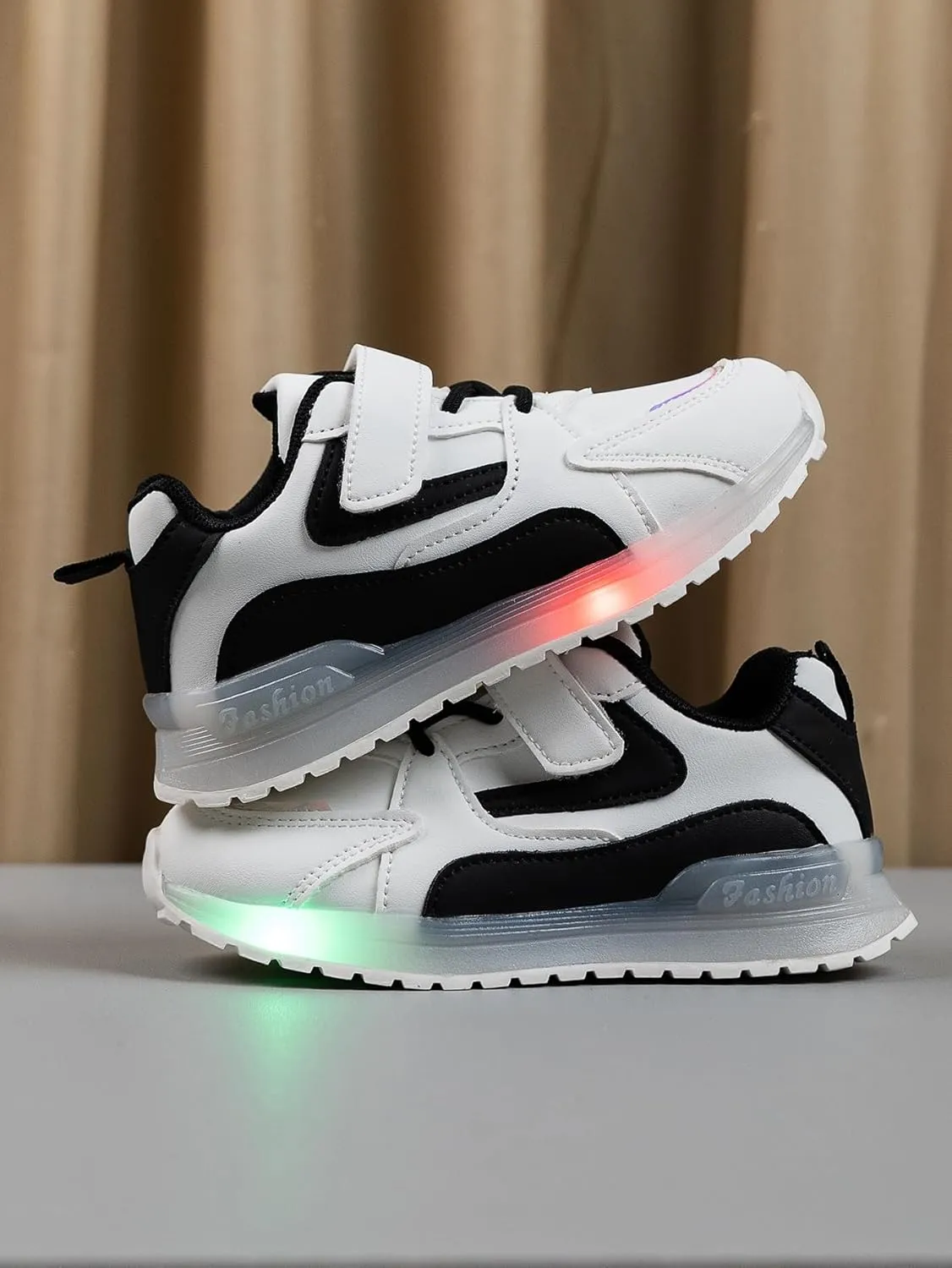 Kids Light Up Sneakers, Athletic Running Shoes with LED Soles, White and Black, Hook and Loop Closure