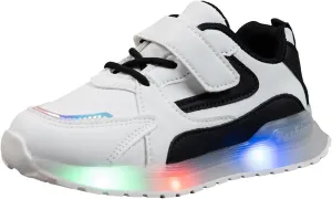 Kids Light Up Sneakers, Athletic Running Shoes with LED Soles, White and Black, Hook and Loop Closure