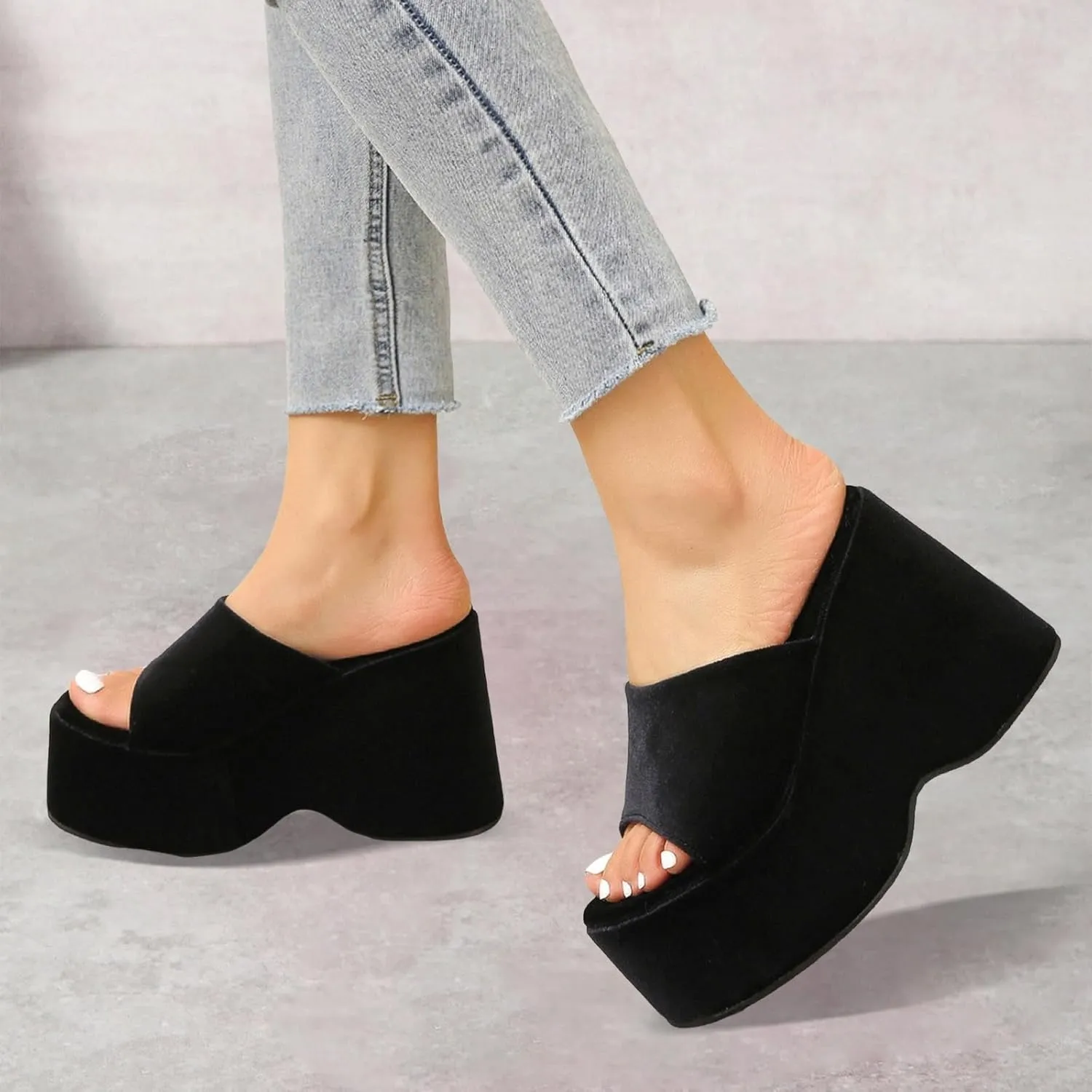 Ladies Fashion Solid Color Leather Open Toe Square Head Flat Casual Slipper Women's Slides Womens Sexy Slippers Size 9