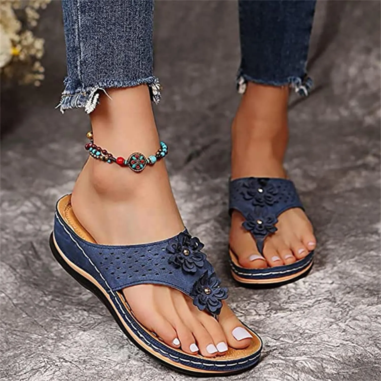 Ladmiple Sandals Women 2023 Fashion Flower Orthopedic Flip Flops with Arch Support Slippers Casual Roman Open Toe Shoes