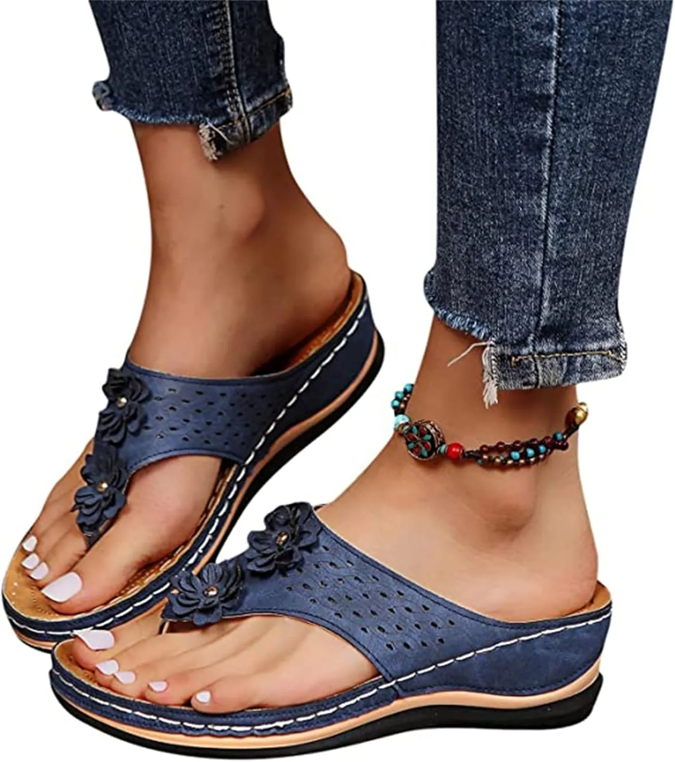 Ladmiple Sandals Women 2023 Fashion Flower Orthopedic Flip Flops with Arch Support Slippers Casual Roman Open Toe Shoes