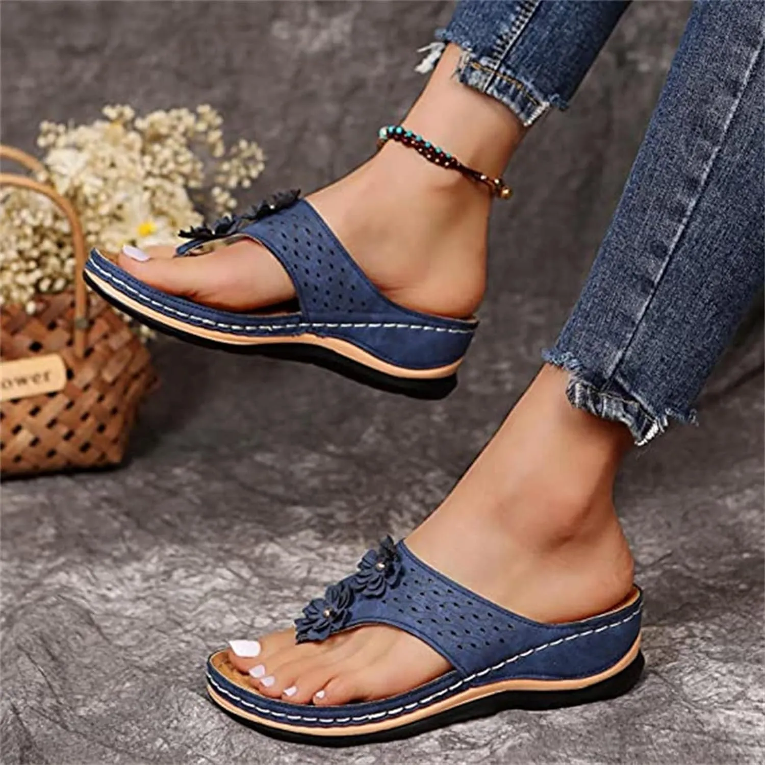 Ladmiple Sandals Women 2023 Fashion Flower Orthopedic Flip Flops with Arch Support Slippers Casual Roman Open Toe Shoes