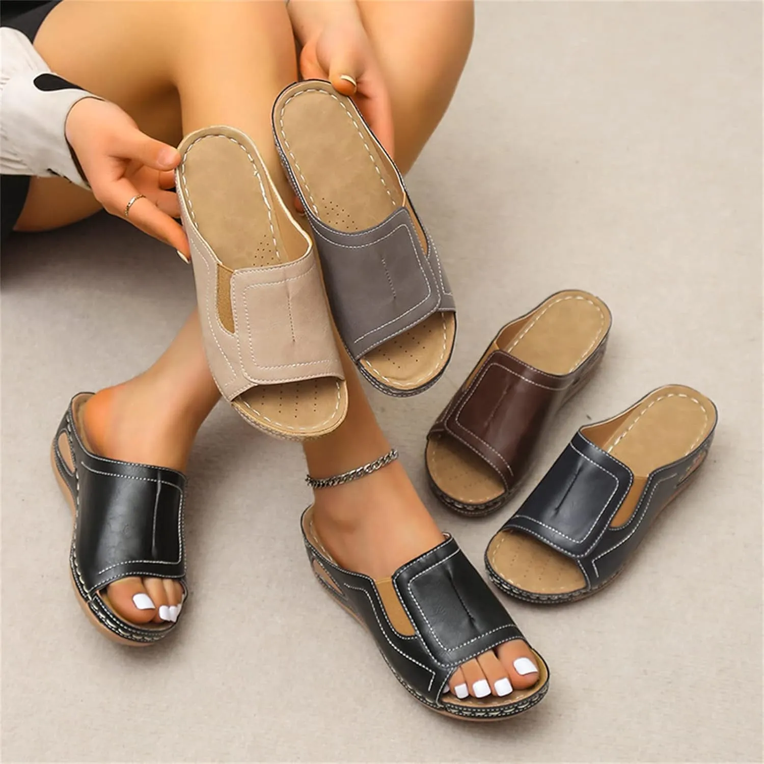 Ladmiple Sandals Women Comfortable Flower Orthopedic Flip Flops Arch Support Wedge Slippers Casual Roman Slip On Sandal