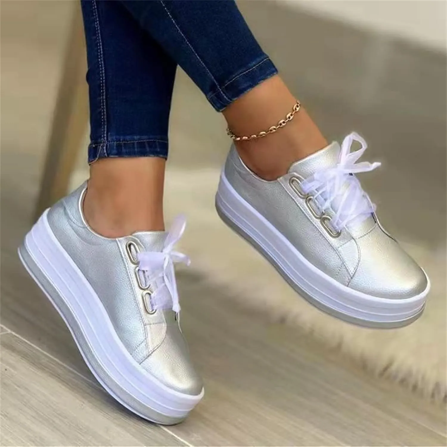 Lausiuoe Shoes For Women Dressy Casual Platform Leather Sneakers Low Top Fashion Comfortable Walking Flat Shoes Loafers