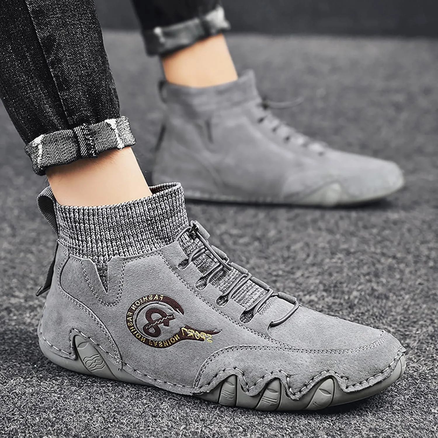 Men's Casual Shoes Korean Version High Top Shoes Round Toe Breathable Daily Dad's Sneaker Crease Shield Men