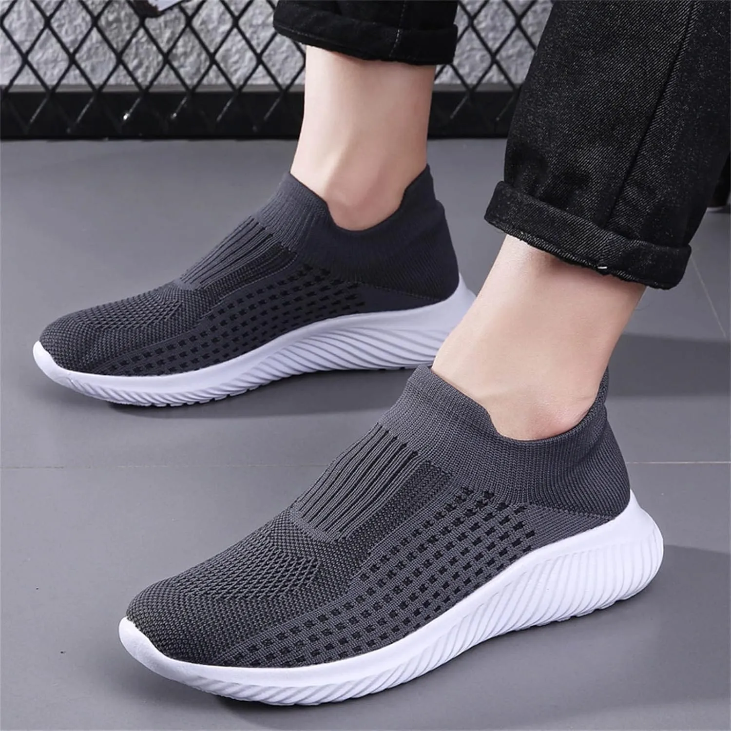 Mens Mid Top Slip on Shoes Arch Support Walking Shoes with Arch Support Lightweight Cushion Running Shoes for Men Breathable Mesh Knit Soft Sole Sneaker Non-Slip Comfy Work Shoe Men