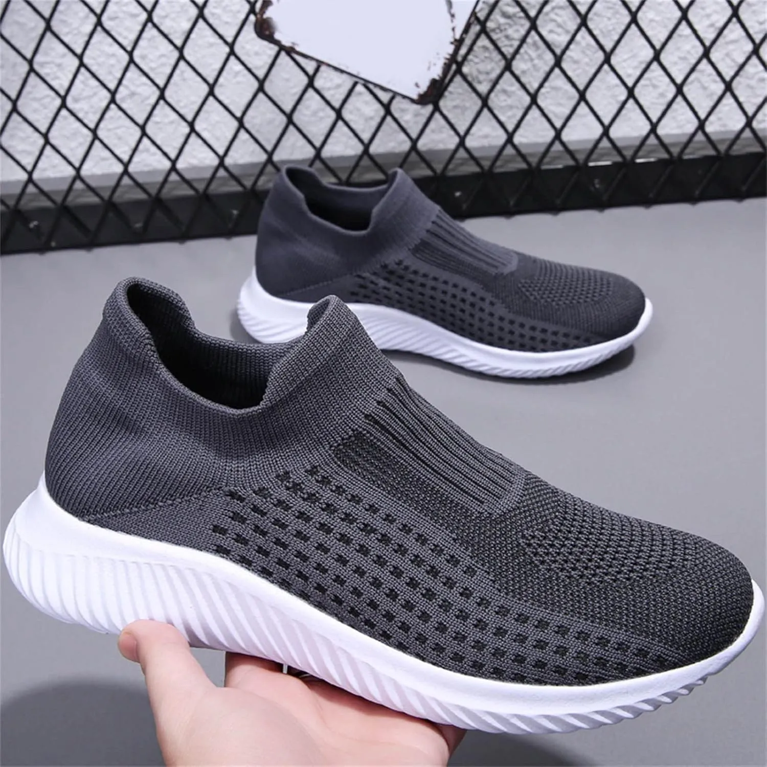 Mens Mid Top Slip on Shoes Arch Support Walking Shoes with Arch Support Lightweight Cushion Running Shoes for Men Breathable Mesh Knit Soft Sole Sneaker Non-Slip Comfy Work Shoe Men