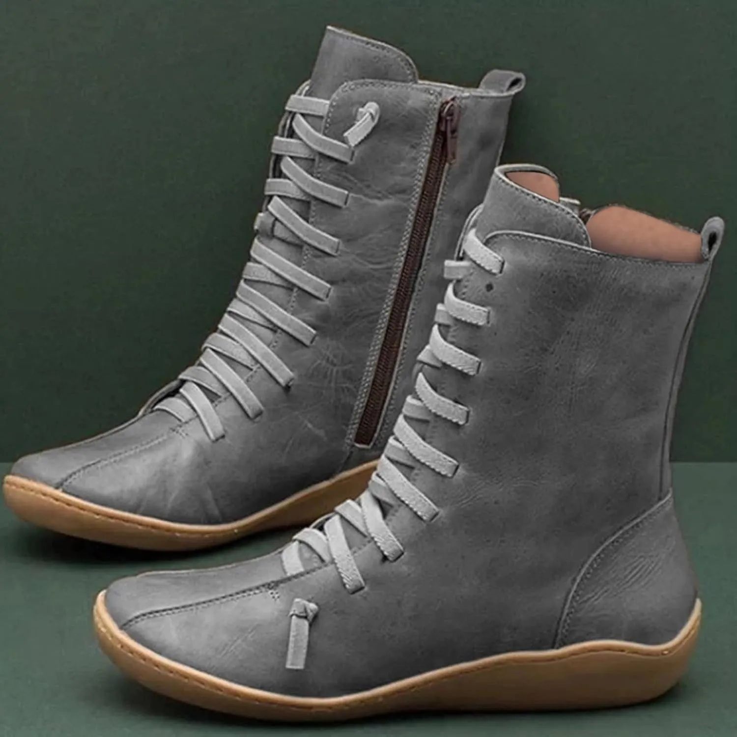 Mid Calf Boots Women Flat Boots for Women Retro Round Toe Lace up Comfortable Lightweight Walking Shoes Women Boots
