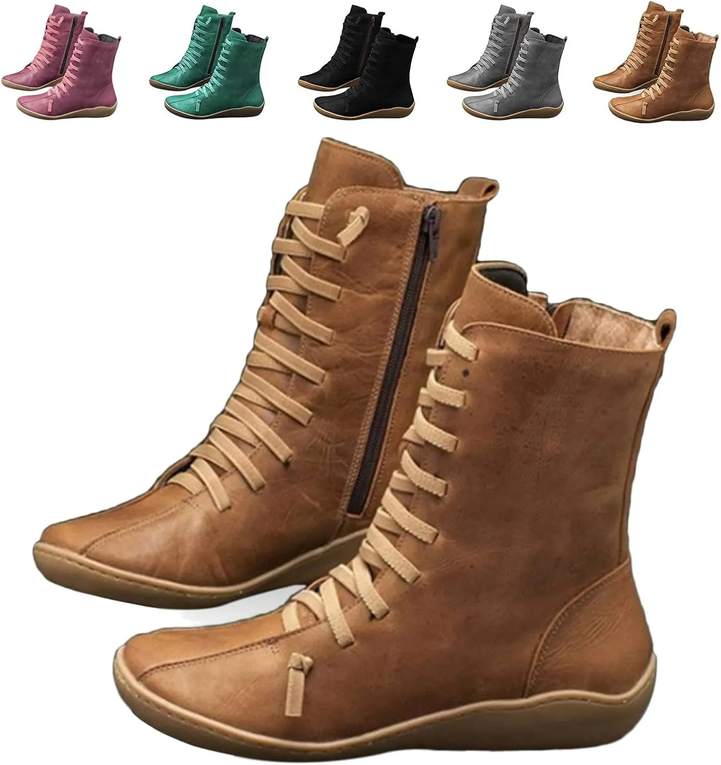 Mid Calf Boots Women Flat Boots for Women Retro Round Toe Lace up Comfortable Lightweight Walking Shoes Women Boots