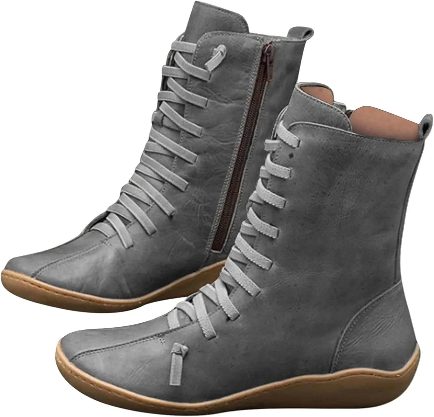 Mid Calf Boots Women Flat Boots for Women Retro Round Toe Lace up Comfortable Lightweight Walking Shoes Women Boots