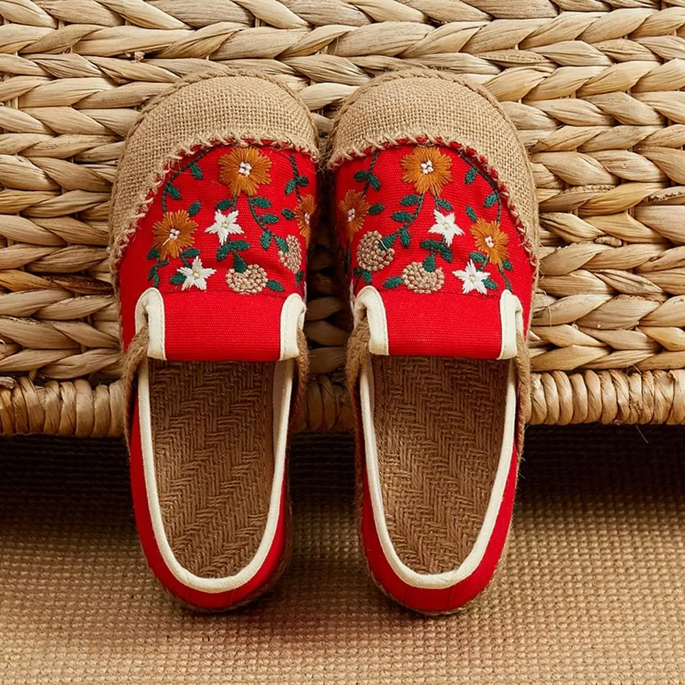 Nqpnrl Womens Flats Canvas Lightweight Sneakers Slip Ons Walking Casual Linen Retro Embroidery Travel Holiday Shoes