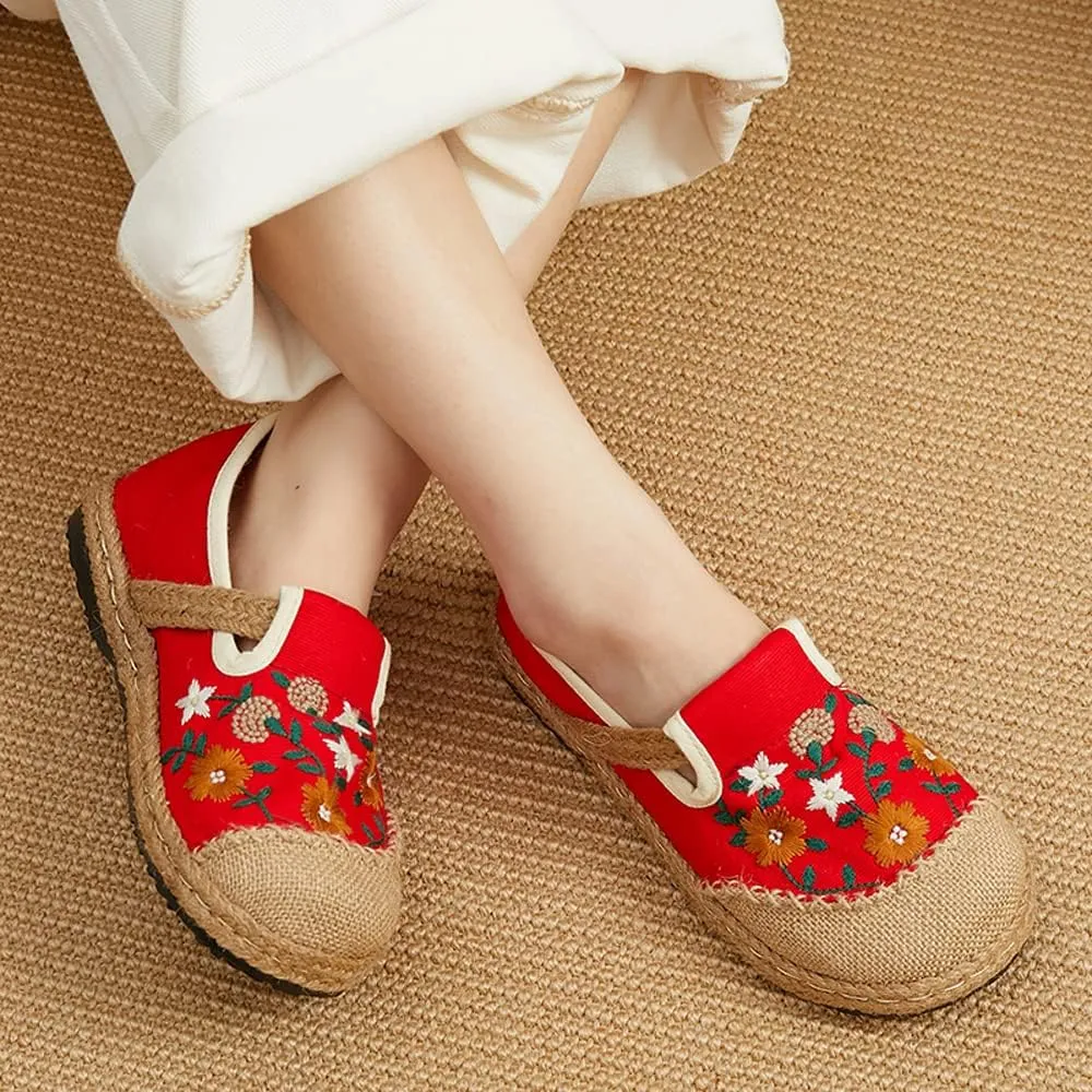 Nqpnrl Womens Flats Canvas Lightweight Sneakers Slip Ons Walking Casual Linen Retro Embroidery Travel Holiday Shoes