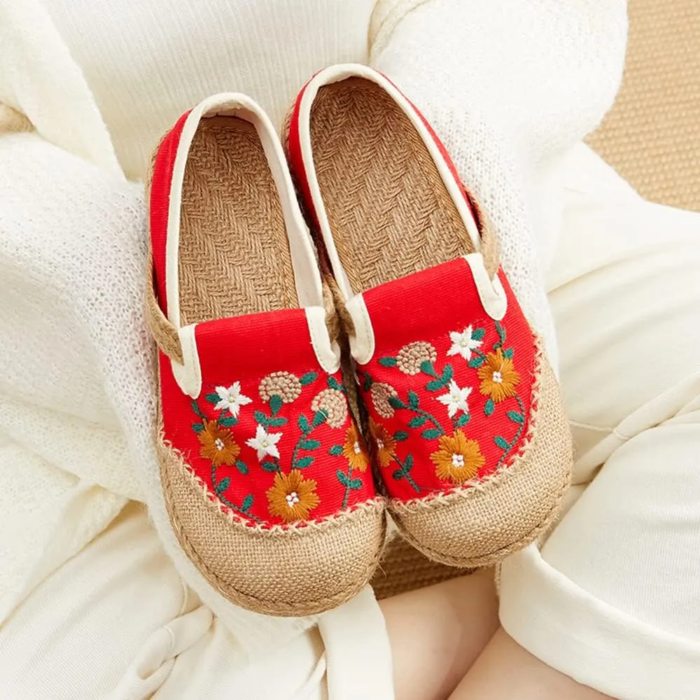 Nqpnrl Womens Flats Canvas Lightweight Sneakers Slip Ons Walking Casual Linen Retro Embroidery Travel Holiday Shoes