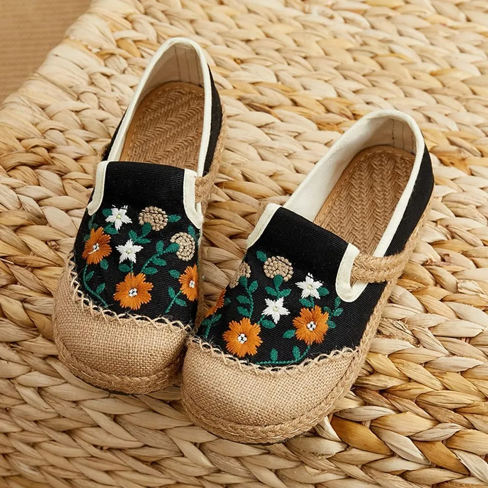 Nqpnrl Womens Flats Canvas Lightweight Sneakers Slip Ons Walking Casual Linen Retro Embroidery Travel Holiday Shoes