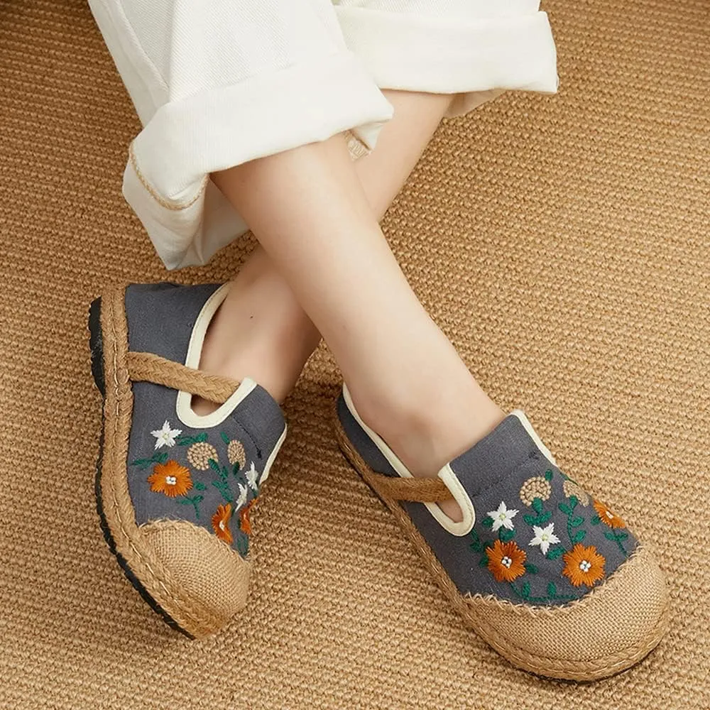 Nqpnrl Womens Flats Canvas Lightweight Sneakers Slip Ons Walking Casual Linen Retro Embroidery Travel Holiday Shoes