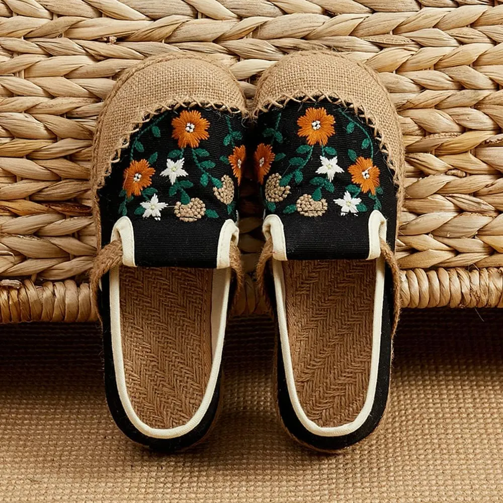 Nqpnrl Womens Flats Canvas Lightweight Sneakers Slip Ons Walking Casual Linen Retro Embroidery Travel Holiday Shoes