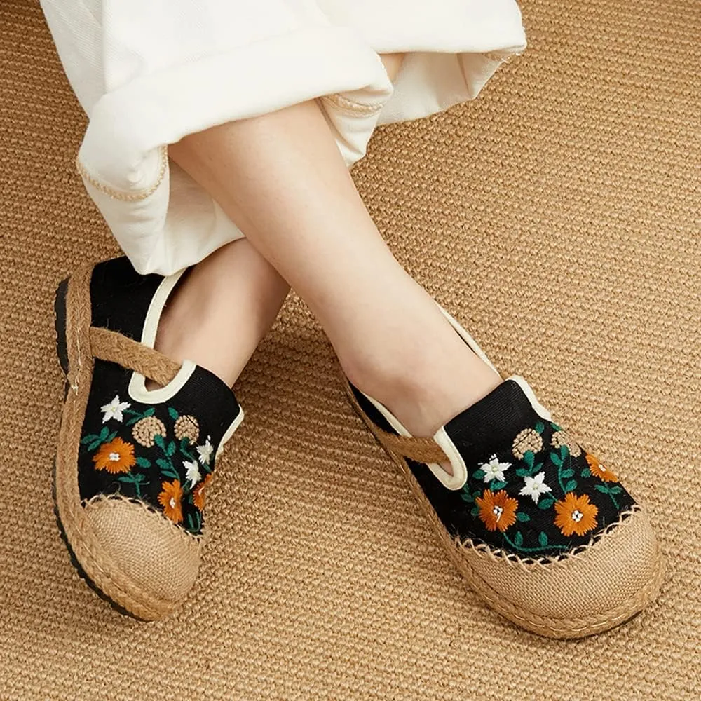 Nqpnrl Womens Flats Canvas Lightweight Sneakers Slip Ons Walking Casual Linen Retro Embroidery Travel Holiday Shoes