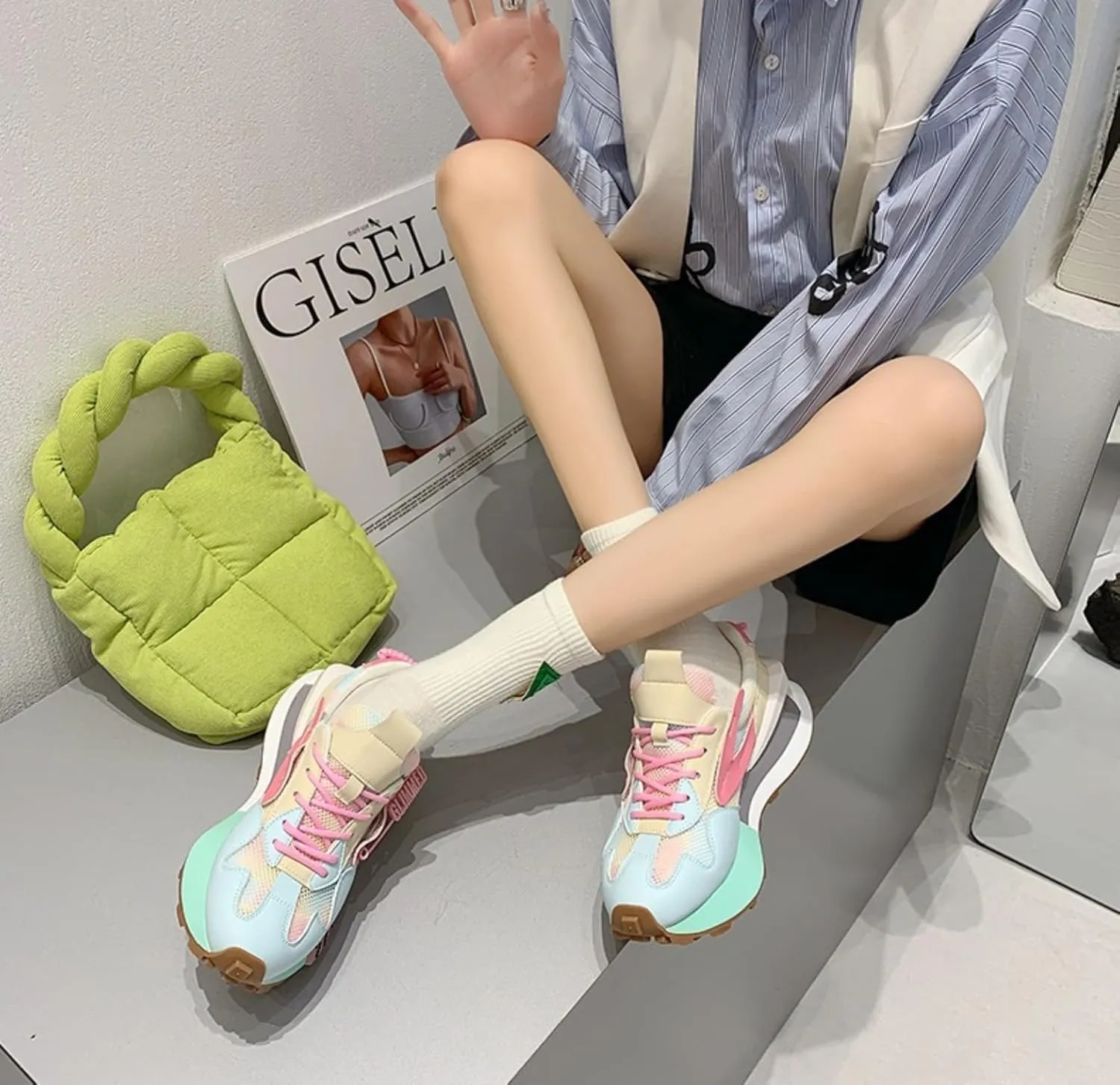 Platform Sneakers Breathable Mesh PU Leather Vibrant Colorful 2-Inch Height Boost   Cushioned Support for Daily Wear   Trendy Streetwear Statement