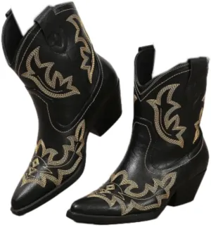 SACFOF Cowgirl Cowboy Boots for Women Wide Calf Western Ankle Boots Booties Stitched Embroidered Pointed Toe Short Chunky Heel Pull On Boots