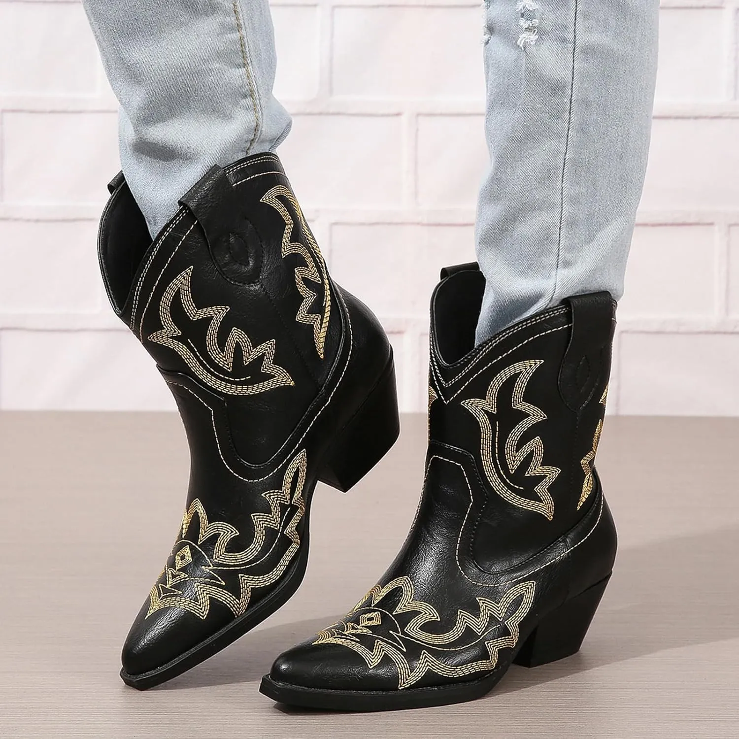 SACFOF Cowgirl Cowboy Boots for Women Wide Calf Western Ankle Boots Booties Stitched Embroidered Pointed Toe Short Chunky Heel Pull On Boots