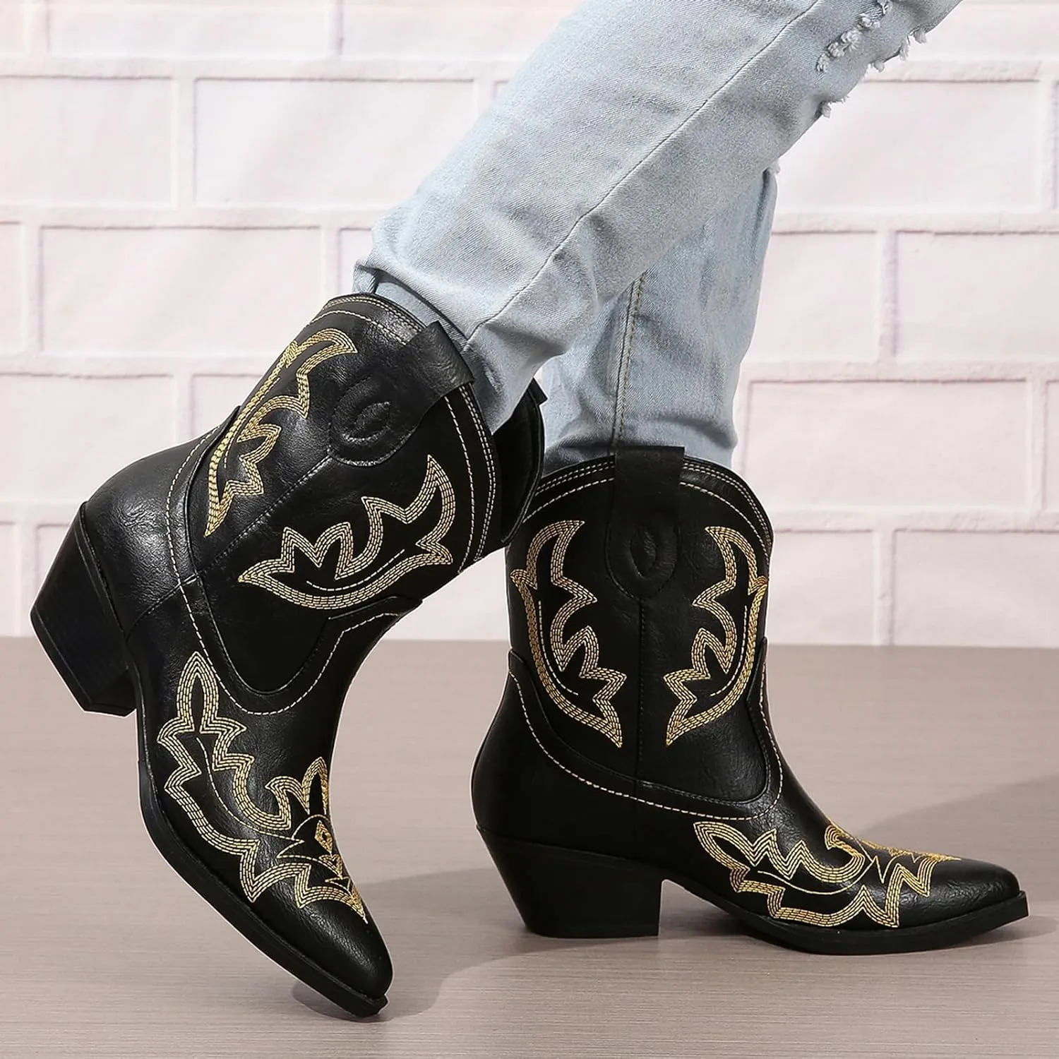 SACFOF Cowgirl Cowboy Boots for Women Wide Calf Western Ankle Boots Booties Stitched Embroidered Pointed Toe Short Chunky Heel Pull On Boots