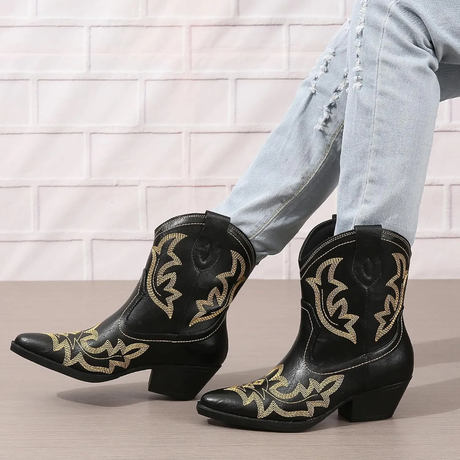 SACFOF Cowgirl Cowboy Boots for Women Wide Calf Western Ankle Boots Booties Stitched Embroidered Pointed Toe Short Chunky Heel Pull On Boots