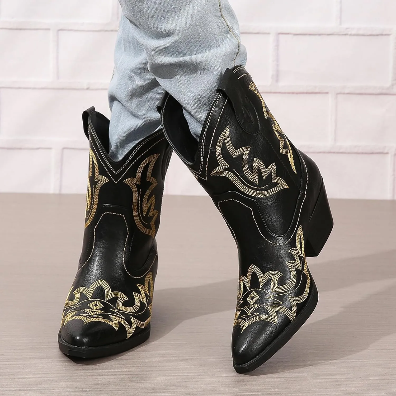 SACFOF Cowgirl Cowboy Boots for Women Wide Calf Western Ankle Boots Booties Stitched Embroidered Pointed Toe Short Chunky Heel Pull On Boots