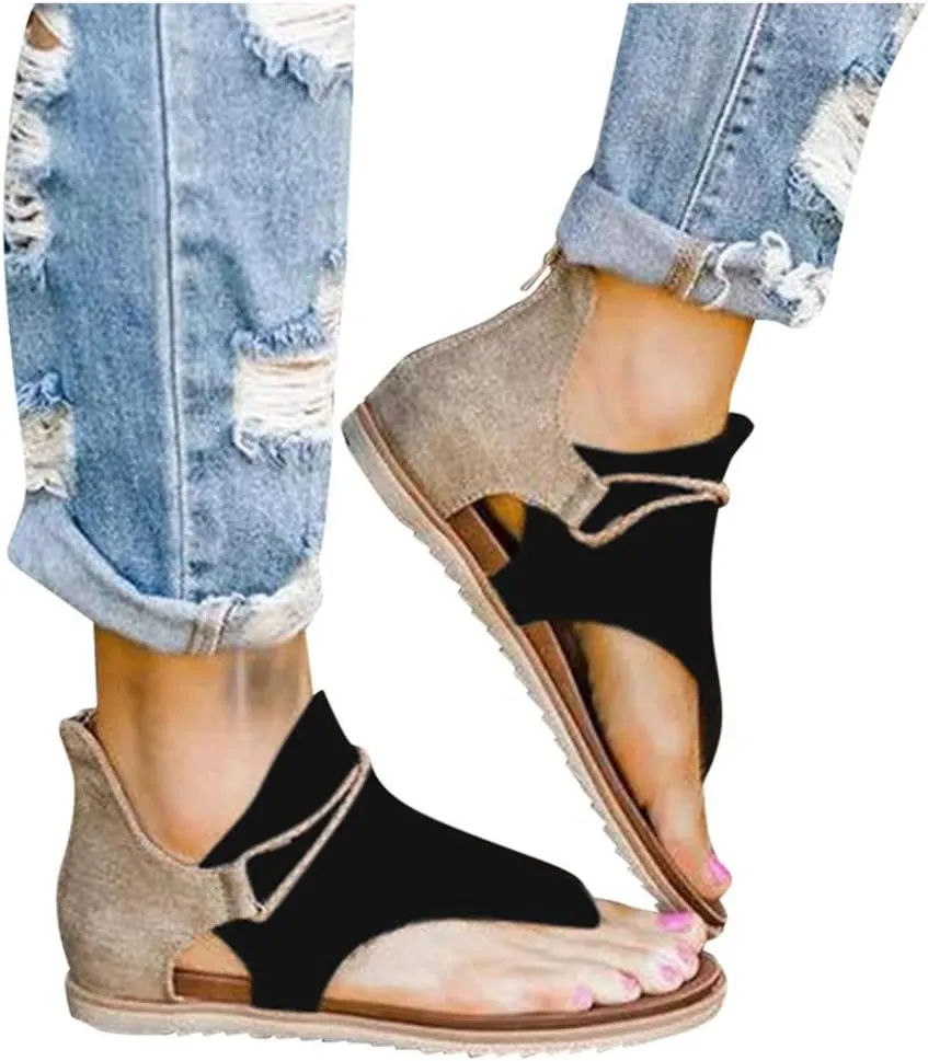 Sandals for Women Flat,Summer Sandals Ladies Fashion Leopard/Zebra/Snake Pattern Flat Heel Slip Ons Sandals with Zipper
