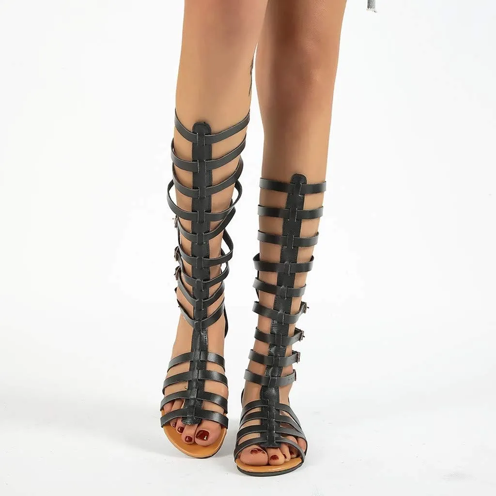 Sandals for Women Platform,Gladiator Sandals Flat Summer Beach Sandals Strappy Lace Up Open Toe Knee High Flat Sandal