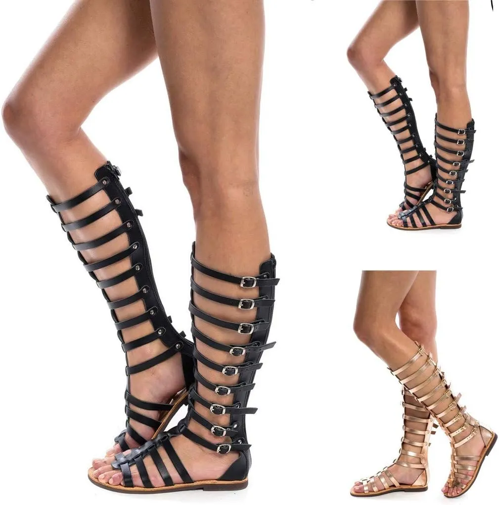 Sandals for Women Platform,Gladiator Sandals Flat Summer Beach Sandals Strappy Lace Up Open Toe Knee High Flat Sandal