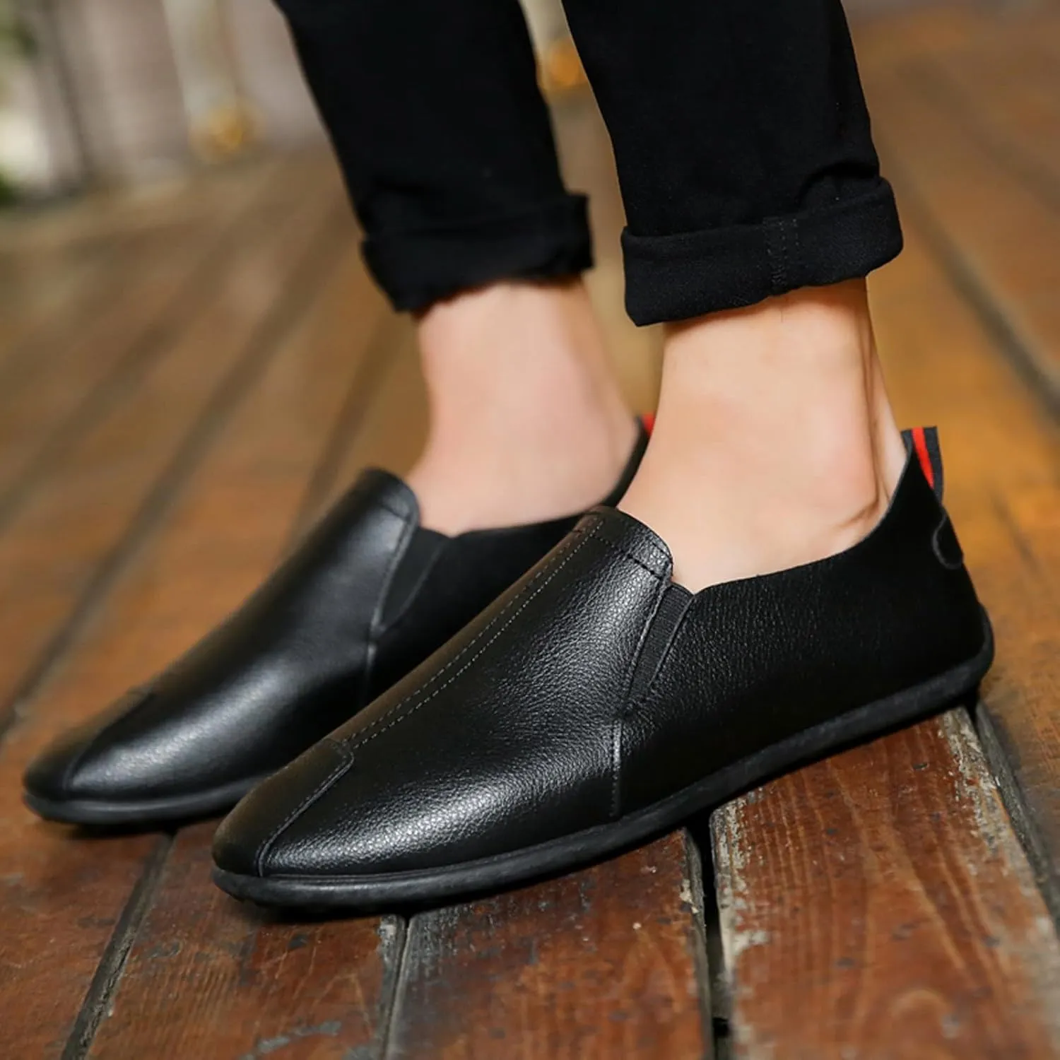 Slip on Walking Shoes for Men PU Leather Comfy Knitted Memory Foam Breathable Mesh Fashion Sneakers Non Slip Arch Support Cushioning Athletic Running Shoes
