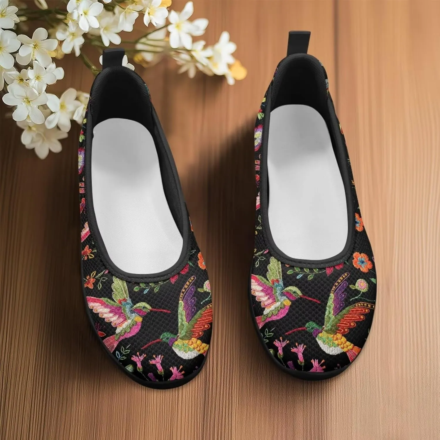 Stylish Hummingbird Print Women's Flats Lightweight Soft Ballerina Loafers Fit Comfort Mesh Casual Sneakers Daily Wear