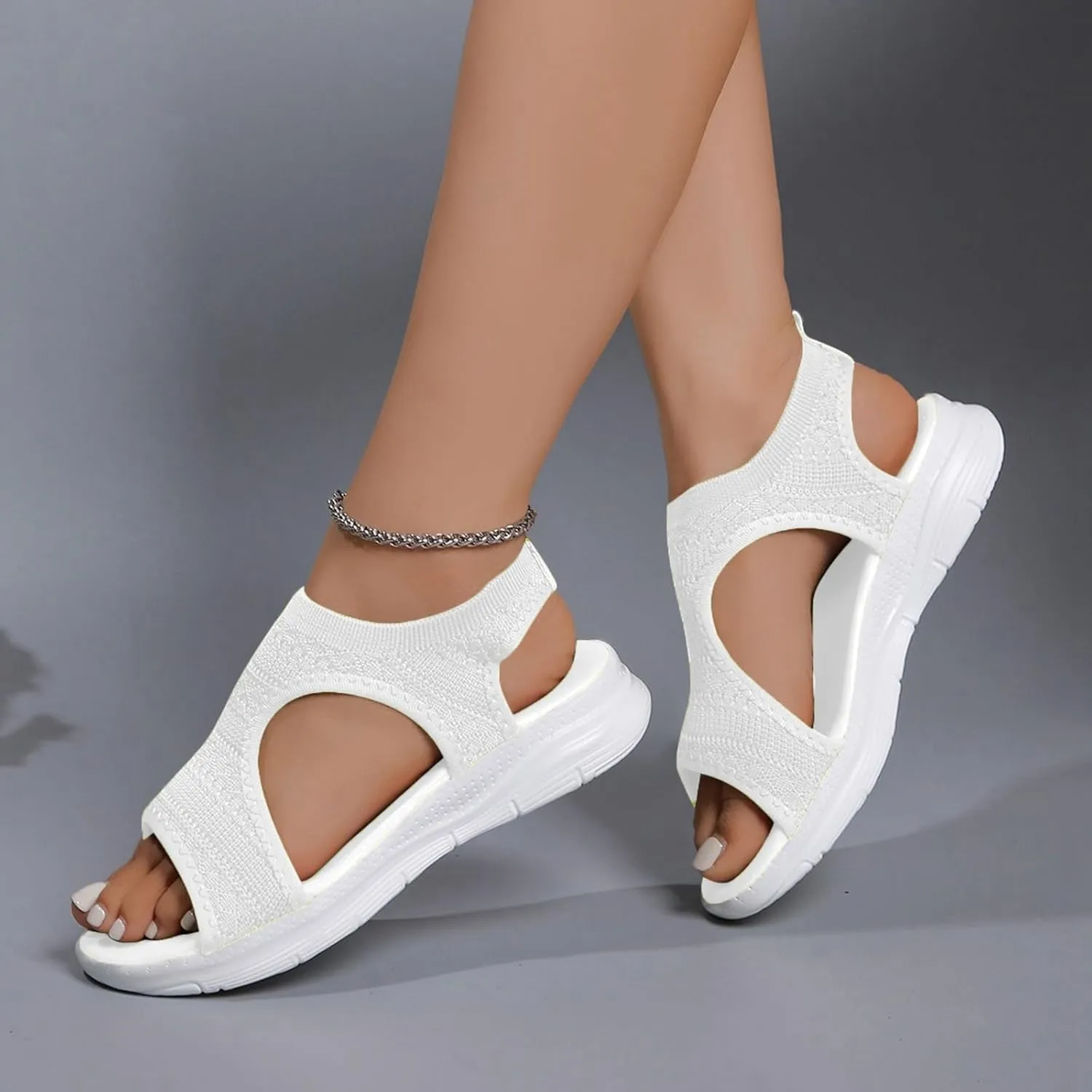 Summer Sandals For Women Comfortable Air Cushion Support Walking Slingback Open Toe Sandal Breathable Knit Flat Sandals