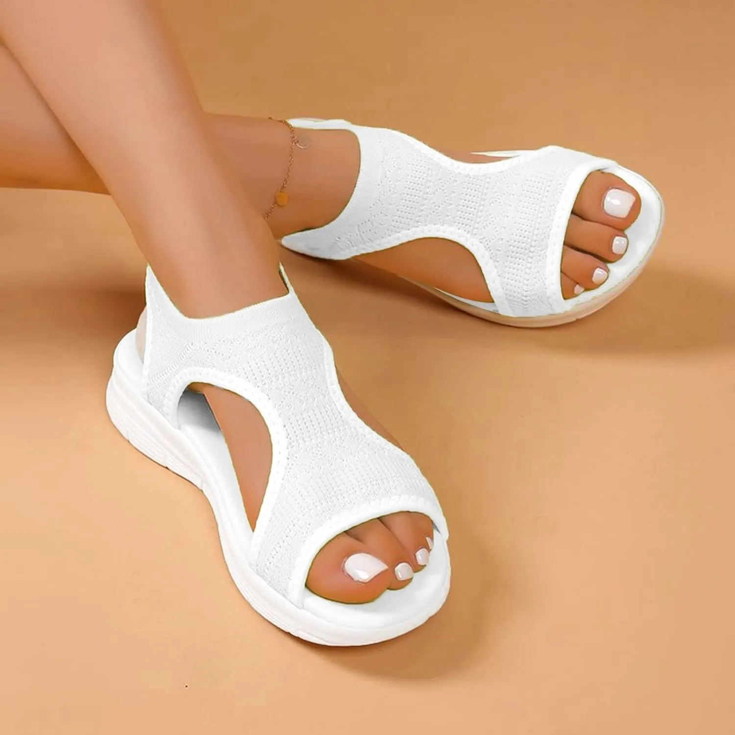 Summer Sandals For Women Comfortable Air Cushion Support Walking Slingback Open Toe Sandal Breathable Knit Flat Sandals