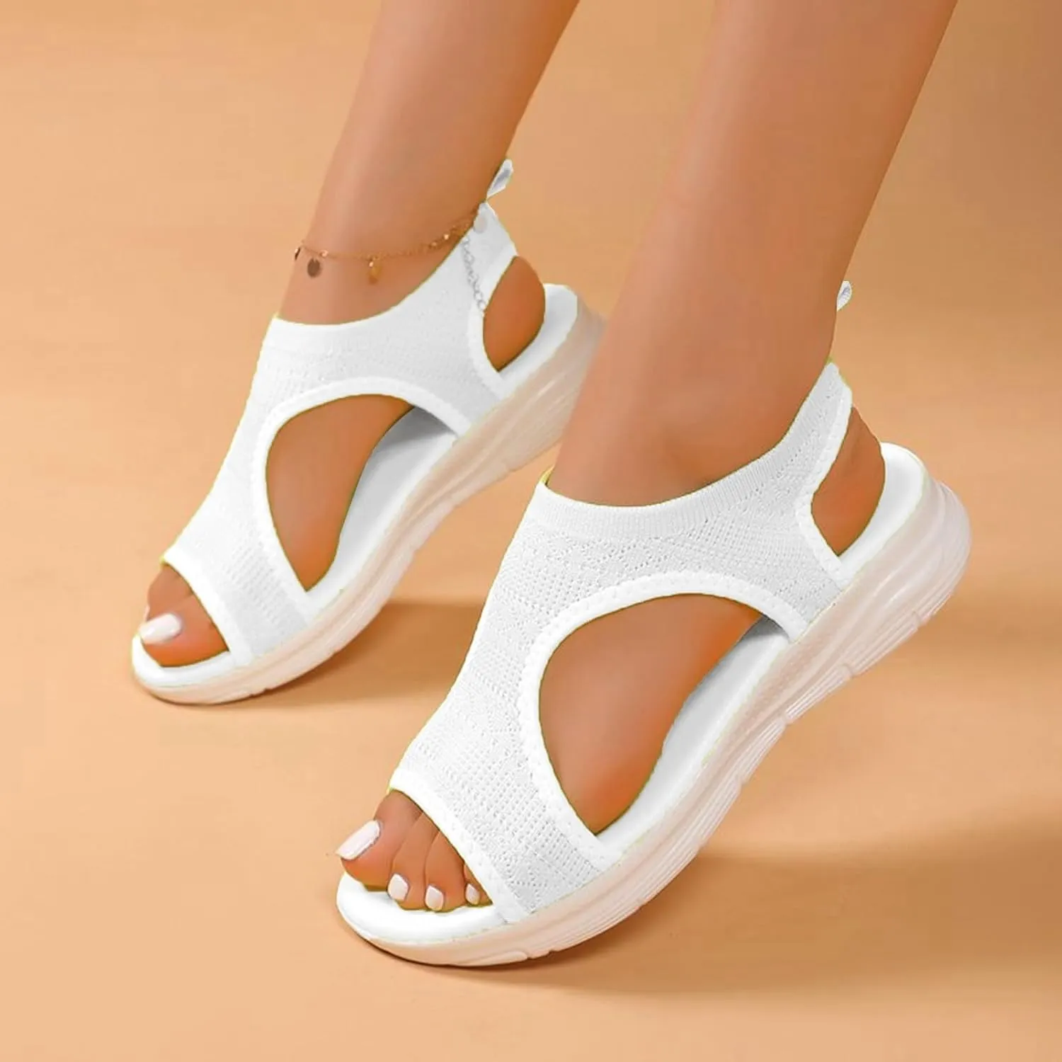 Summer Sandals For Women Comfortable Air Cushion Support Walking Slingback Open Toe Sandal Breathable Knit Flat Sandals