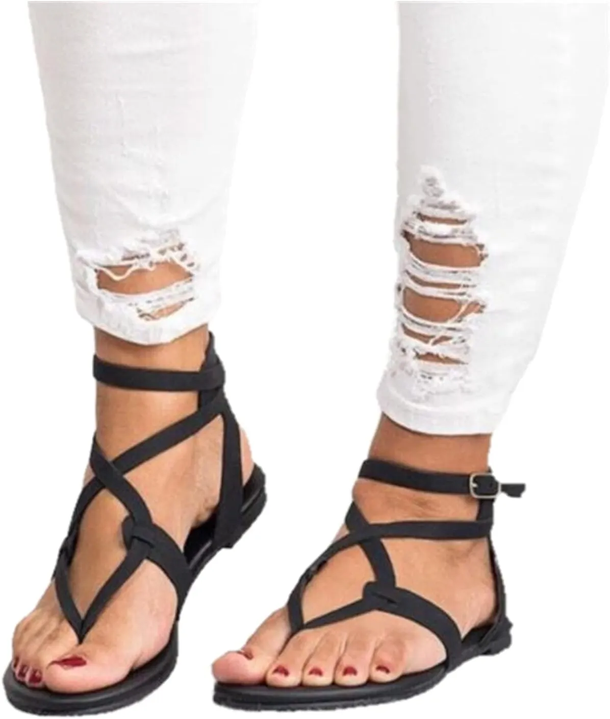 Summer Sandals For Women,Women Strappy Flat Sandals Dressy Beach Shoes Gladiator Sandals Clip Toe T-Strap Flip Flops