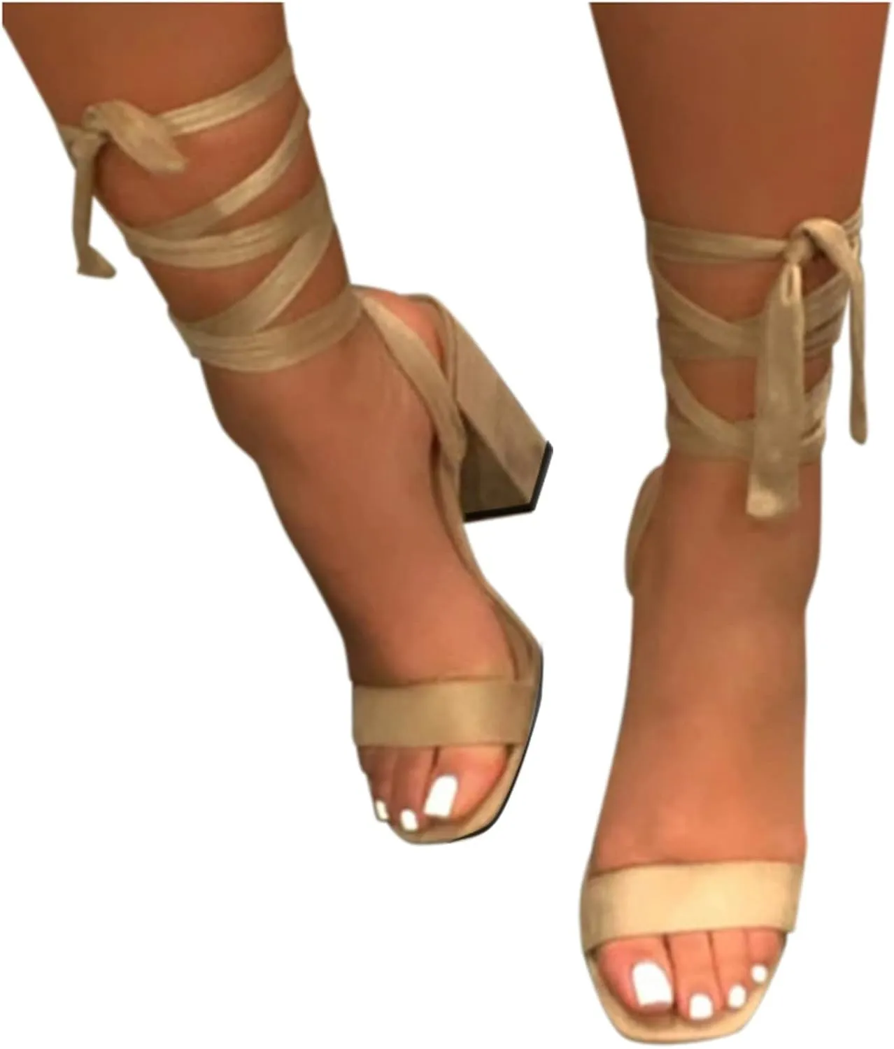 Summer Womens Chunky Heels Sandals Fashion Casual Strappy Lace Up Block High Heel Sandal Solid Color Dressy Comfy Open Toe Ladies Heeled Shoes