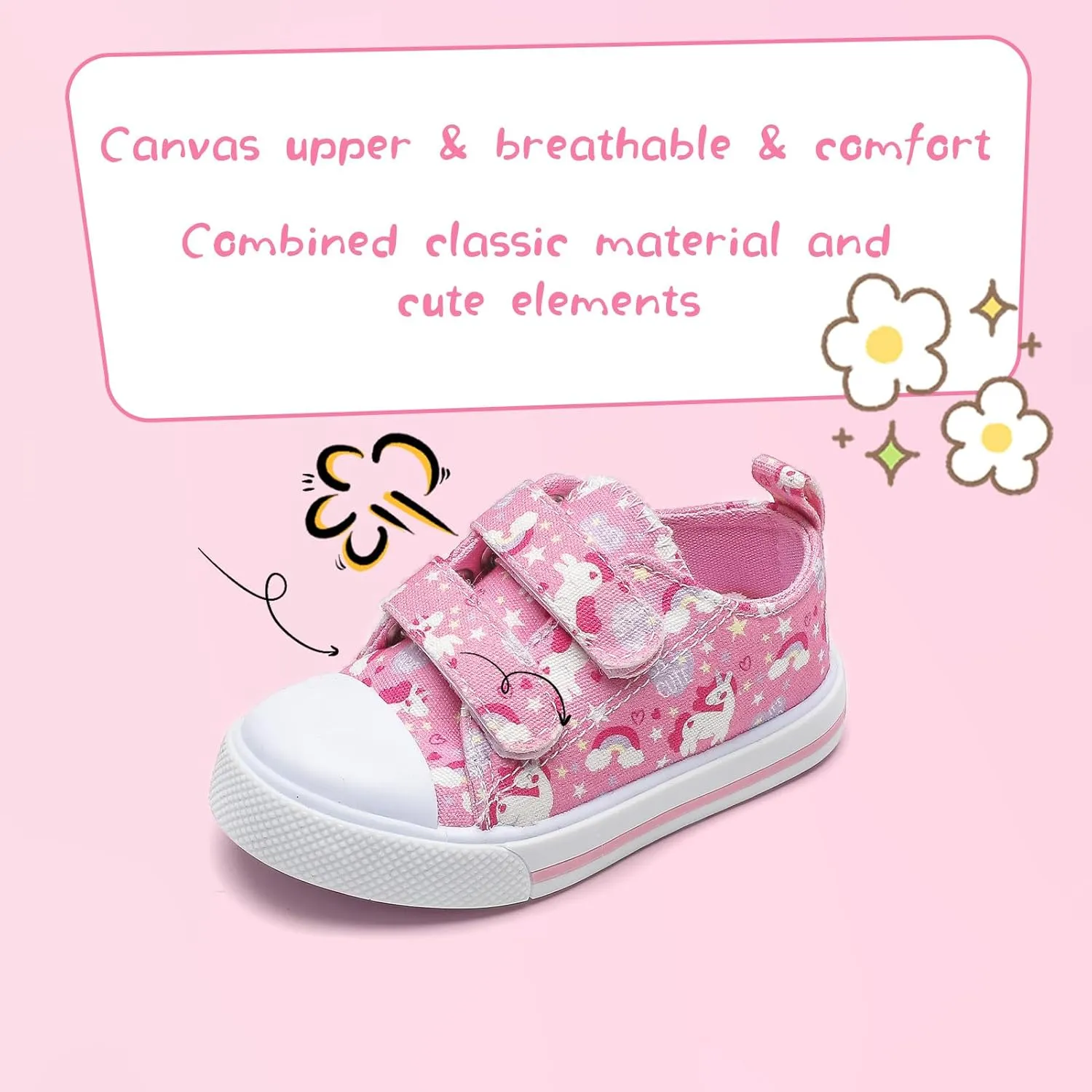 Toddler Girls Boys Shoes Kids Canvas Sneakers with Cartoon Print Adjustable Velcro Strap