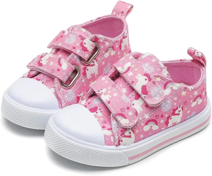 Toddler Girls Boys Shoes Kids Canvas Sneakers with Cartoon Print Adjustable Velcro Strap