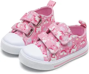 Toddler Girls Boys Shoes Kids Canvas Sneakers with Cartoon Print Adjustable Velcro Strap