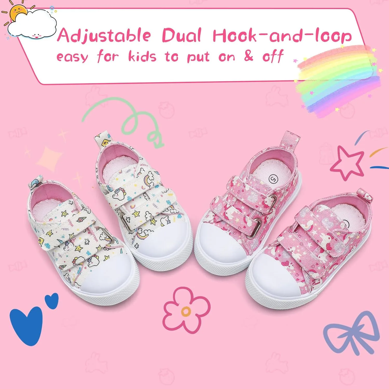 Toddler Girls Boys Shoes Kids Canvas Sneakers with Cartoon Print Adjustable Velcro Strap