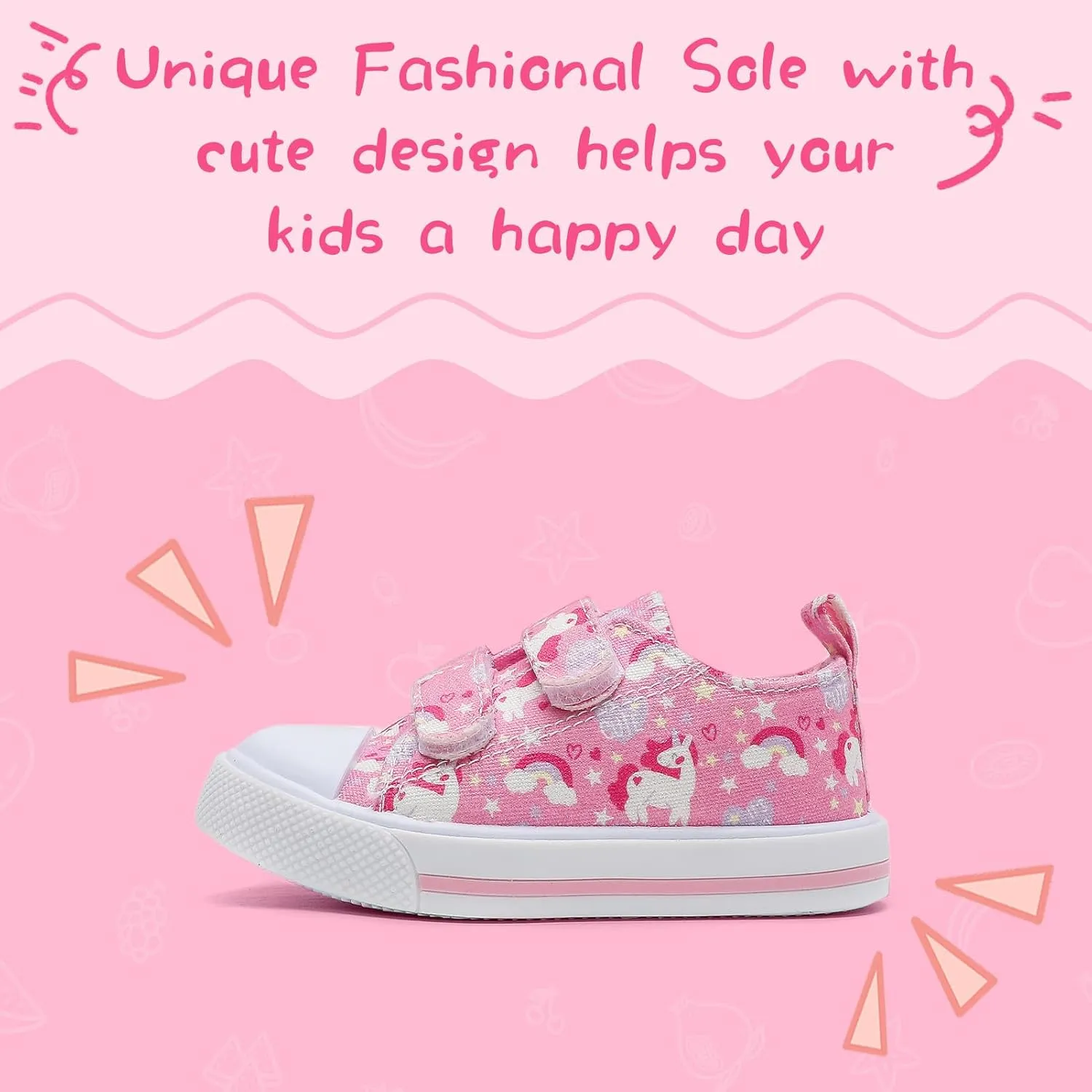 Toddler Girls Boys Shoes Kids Canvas Sneakers with Cartoon Print Adjustable Velcro Strap