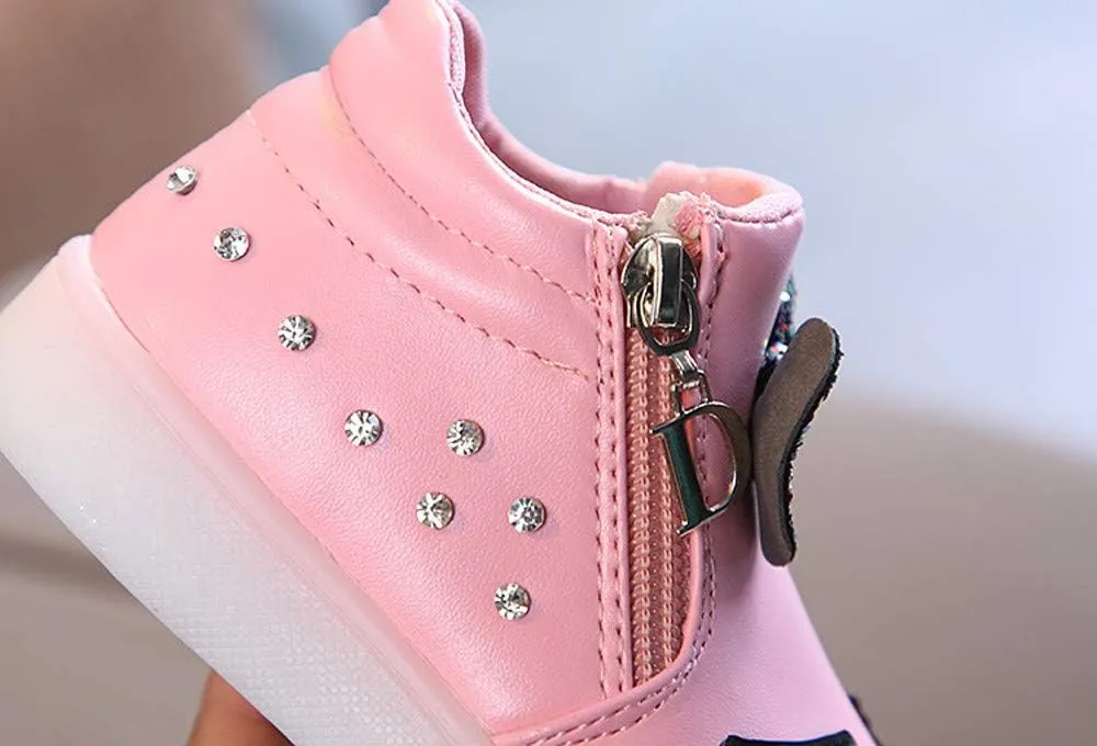 Toddler Girls hinestone Light Up Sneaker High Top Slip On Rubber Bottom Zipper Cute Fashion Toddler Girl Shoes Size 9